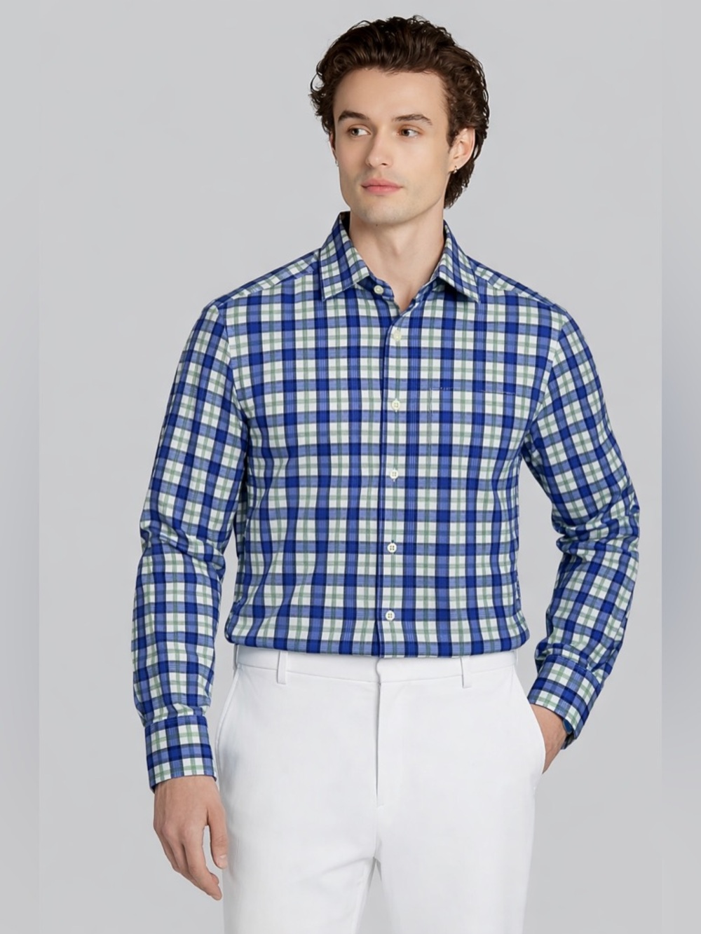 Egara Blue and White Plaid Men's Button down Shirt Dress Shirt Size Large